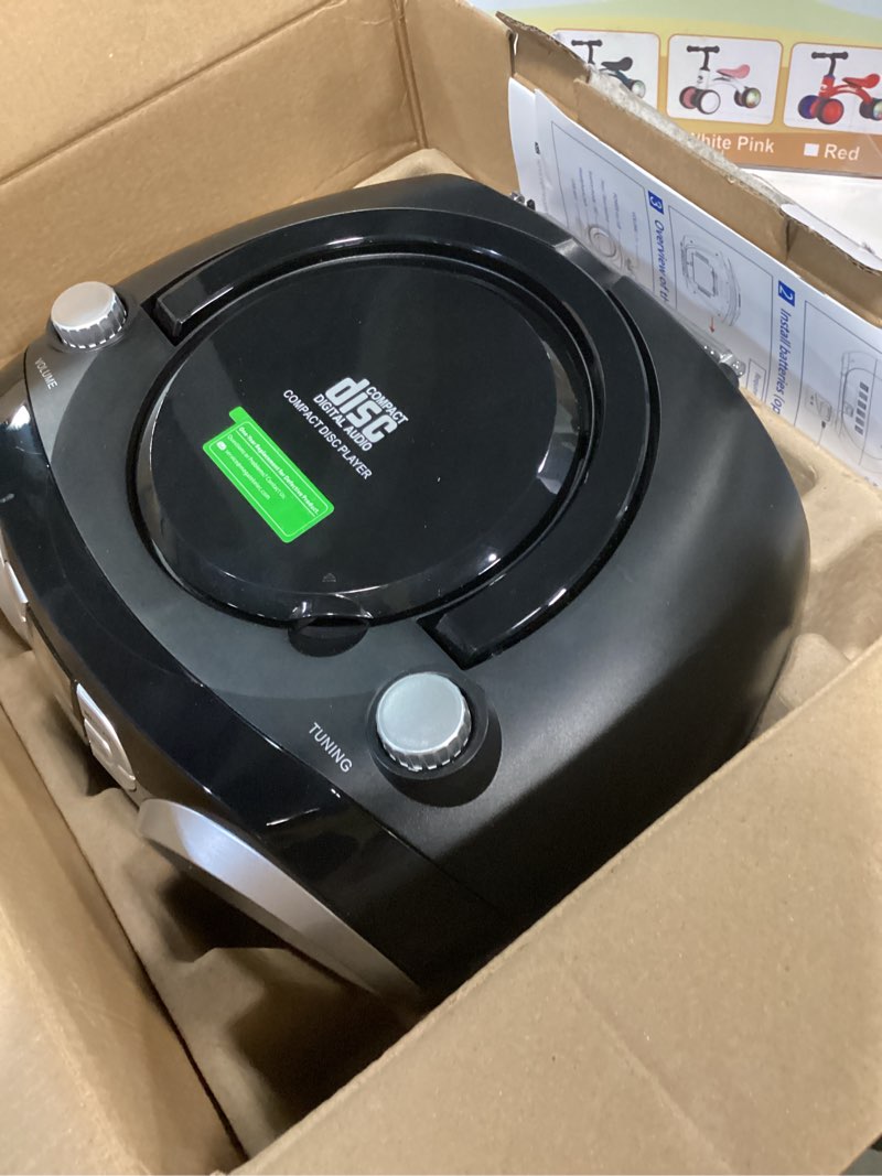 Condition photo showing As Is for megatek portable cd player boombox with fm radio, bluetooth, usb port, aux input, and headphone jack – cd-r/cd-rw/mp3-cd compatible, clear stereo sound, backlit lcd display – black