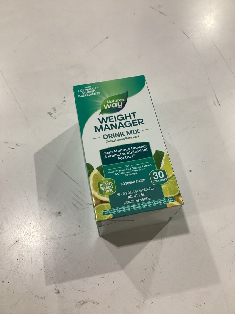 Condition photo showing New/Like New for nature's way weight manager drink mix no sugar added zesty citrus 30ct