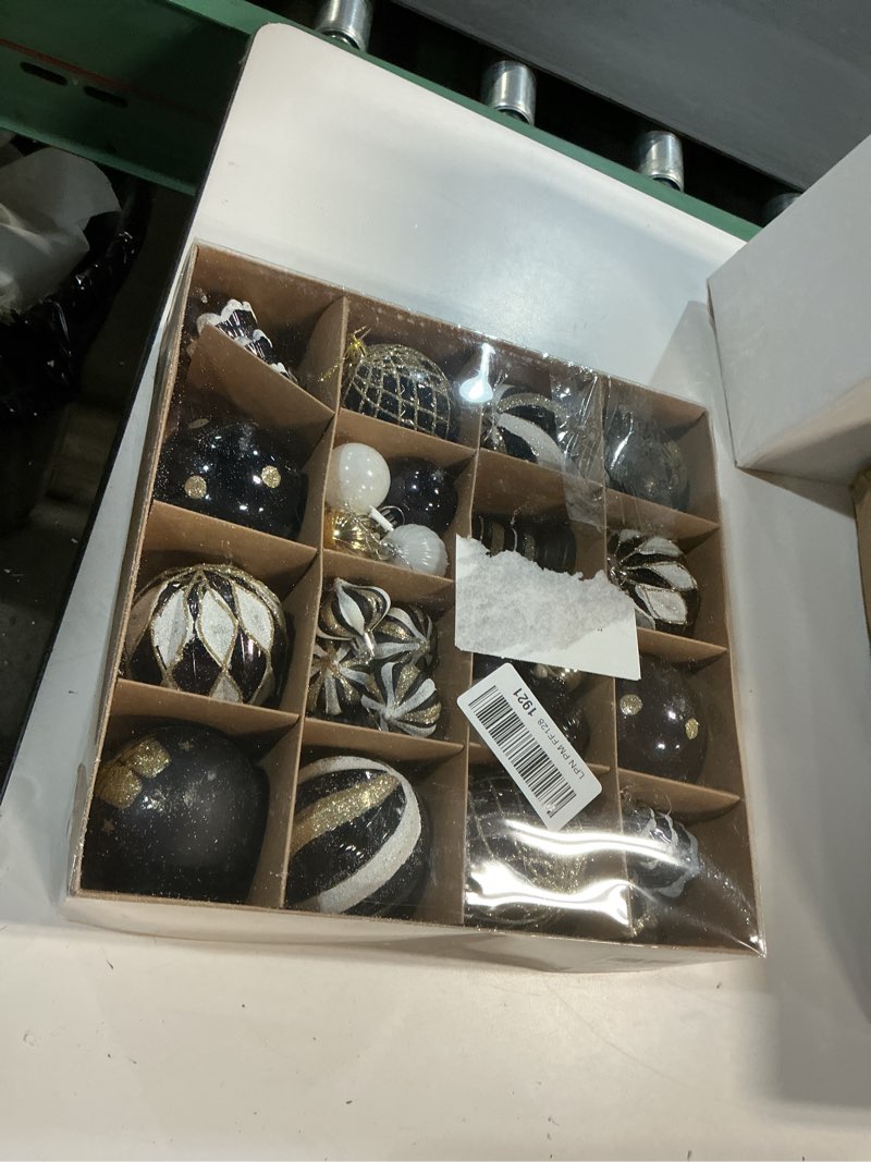 Condition photo showing Good Condition for Christmas Ball Ornaments Set, 40ct 3.15 inches Black Gold White Assorted Xmas Tree Ball Ornaments, Shatterproof Christmas Tree Hanging Ornaments for Xmas Decoration Black & Gold & White