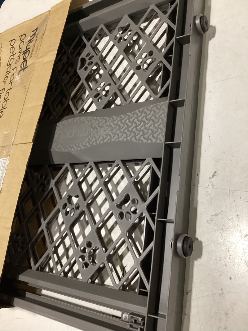 Condition photo showing Good Condition for mypet north states paws portable pet gate: 26-40" wide. pressure mount. no tools needed. made in usa, 23" tall, expandable, durable dog gates for doorways, fieldstone gray