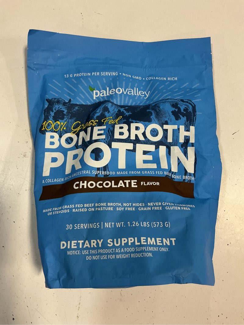 Condition photo showing Good Condition for (best by 27 jan 2028) paleovalley 100% grass fed beef bone broth protein powder - rich in collagen peptides for hair, skin, gut health, bone and joint support - 13g protein per serving - no gluten or gmos - chocolate