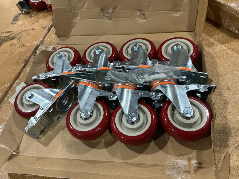 Condition photo showing Good Condition for 8 pcs 4 inch heavy duty casters, (4 casters load capacity 2200 lbs) lockable swivel bearing caster with brakes for workbenches, shelves, carts, etc. 8 pcs 4”?red?