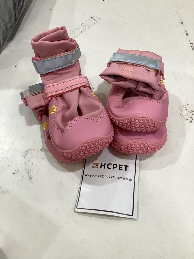 Condition photo showing Good Condition for qumy dog shoes for large dogs, medium dog boots & paw protectors for winter snowy day, summer hot pavement, water-resistant in rainy weather, outdoor walking, indoor hardfloors skid-resistant sole pink size 7: 2.8''x3.2"(w*l) (pack of 4)