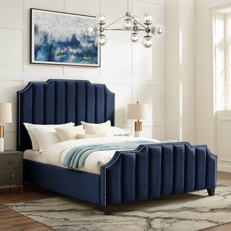 *incomplete*missing boxes 2*damaged box* grey*Inspired Home Poppy Platform Queen Bed, Velvet, Channel Tufted with Silver Nailhead Trim