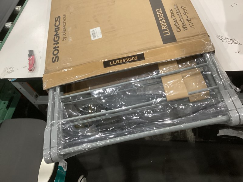 Condition photo showing Good Condition for songmics clothes drying rack, foldable 2-level laundry drying rack, free-standing laundry airer, with height-adjustable wings, 33 drying rails, sock clips, gray ullr053g02v1 gray 2 tiers?22"d x 61.8"w x 64.3''h )