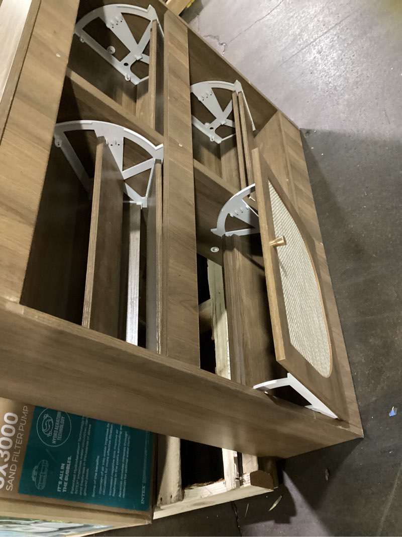 Condition photo showing As Is for possibly incomplete.. nicetree rattan arched accent shoe storage cabinet - freestanding ultra slim for entryway, 4 flip drawers & 3-tier adjustable shelves, farmhouse modern rustic shoe rack for hallway, foyer, living room smoked oak 4-flip drawers