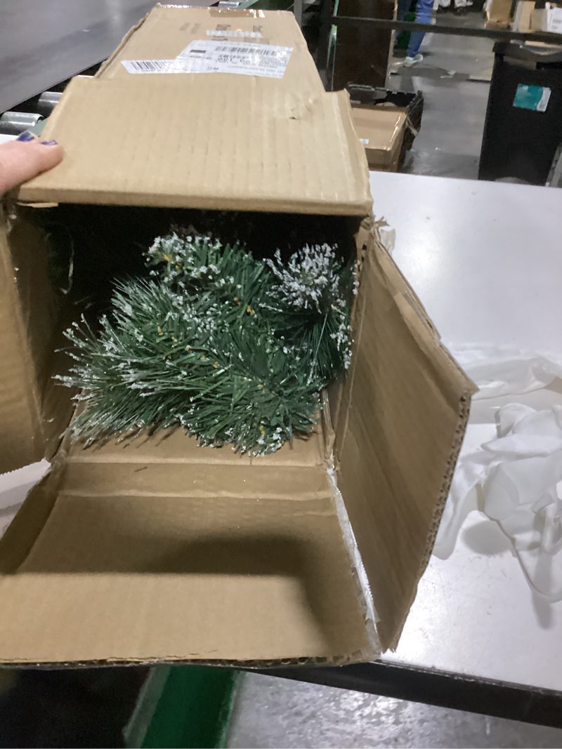 Condition photo showing As Is for Tabletop Christmas Tree, 3FT Burlap Base with 35 LED Lights, White Tipped Branches, Prelit Small Artificial Tabletop Snow Flocked Christmas Trees Decor with Timer, for Outdoor Indoor Porch Table Xmas