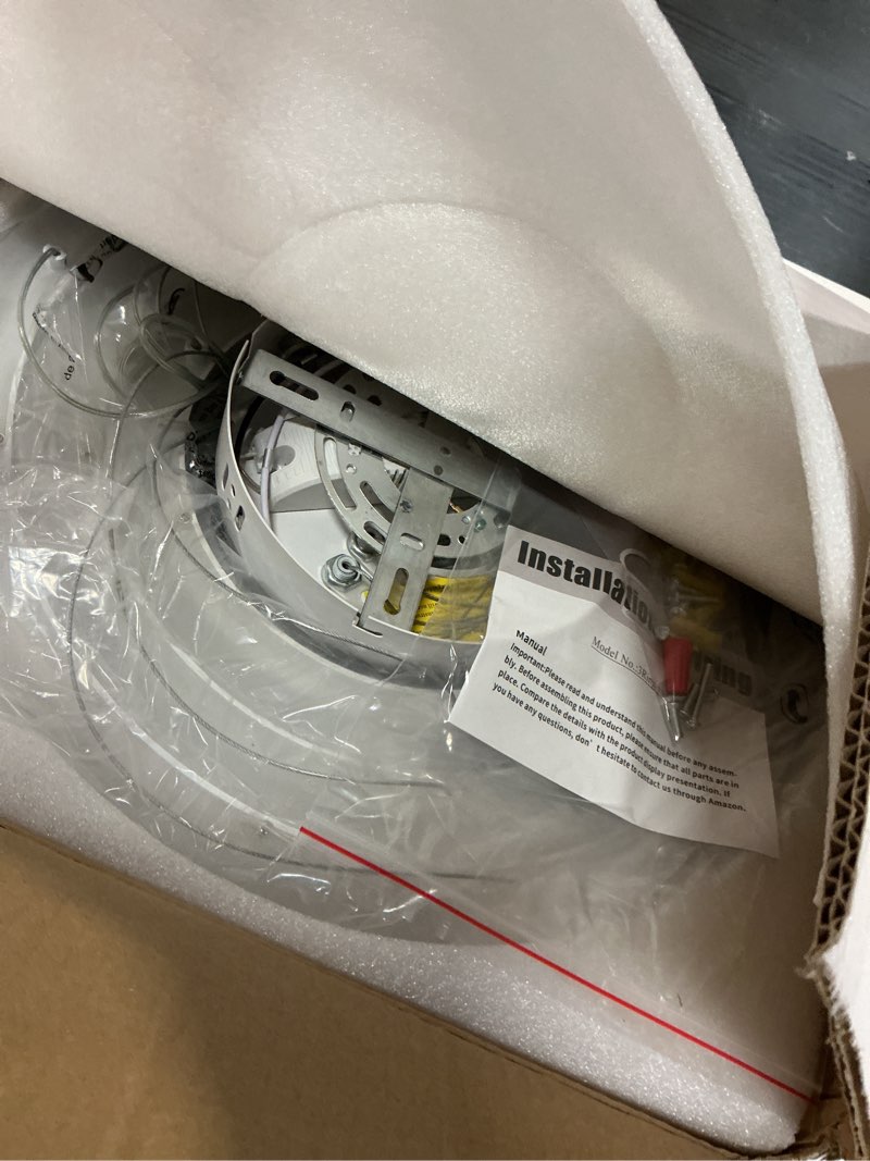 Condition photo showing Good Condition for o'neeldy modern led chandeliers white pendant light fixture 3 ring flush mount chandeliers with adjustable hanging cord for bedroom,kitchen, island cafe