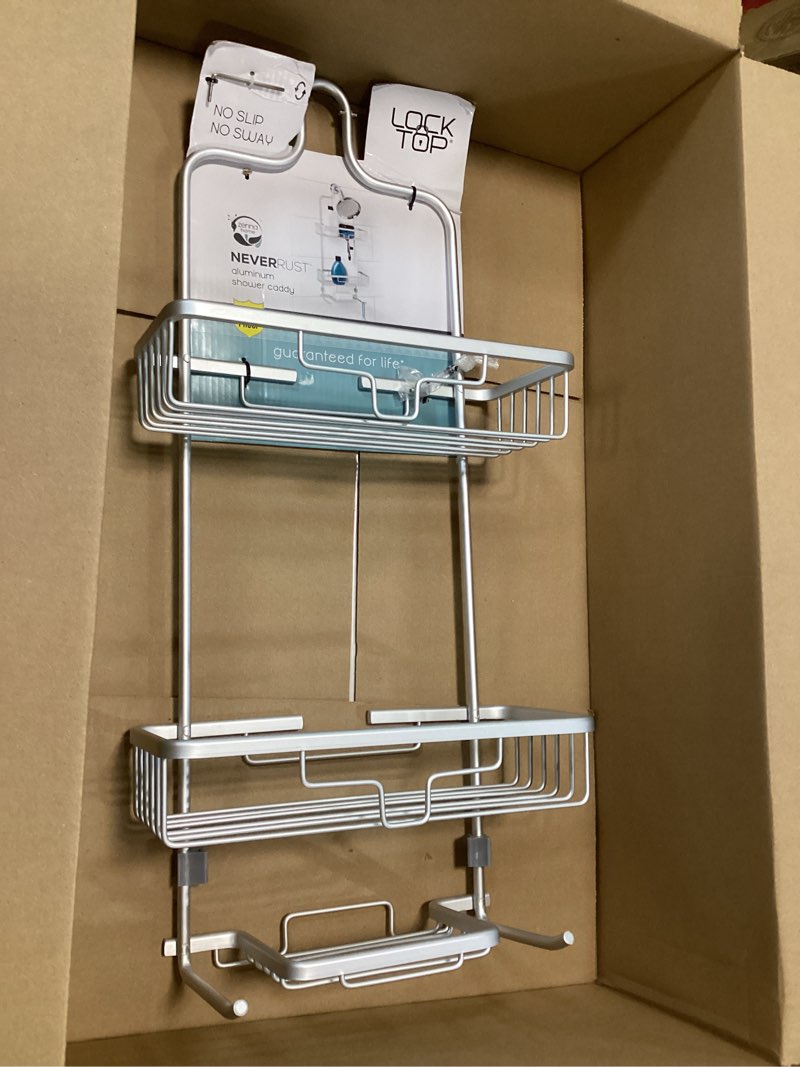 Condition photo showing New/Like New for Zenna Home Rustproof Hanging Shower Caddy, Over the Shower Head Caddy with 2 Shelves and Built In Hooks, Aluminum Bathroom Hanging Organizer, Satin Chrome