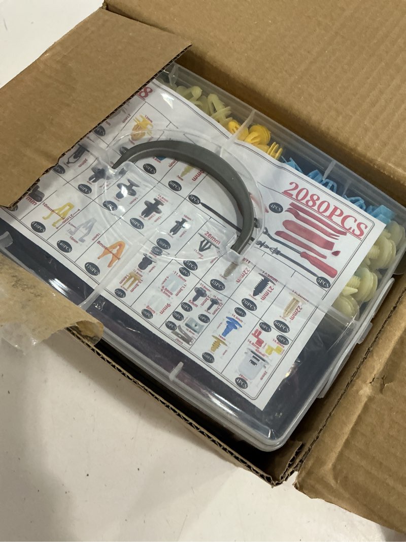 Condition photo showing New/Like New for 2080pcs auto retainer clips kit with fastener plier, trim removal tools and 3-layer organizer box, 33 most common push rivets for car bumper, fender, door panel and interior repair