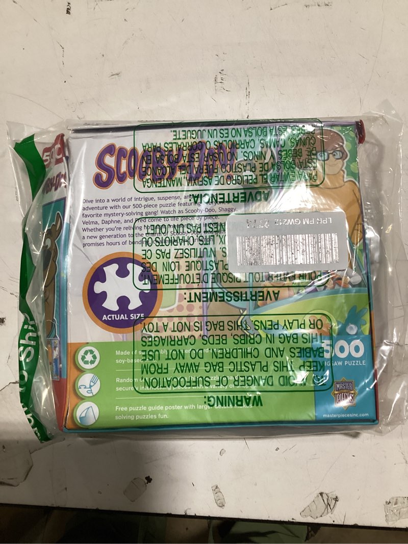 Condition photo showing As Is for masterpieces scooby-doo 500 piece jigsaw puzzle - cartoon characters, family puzzles - ages 14+ scooby-doo!