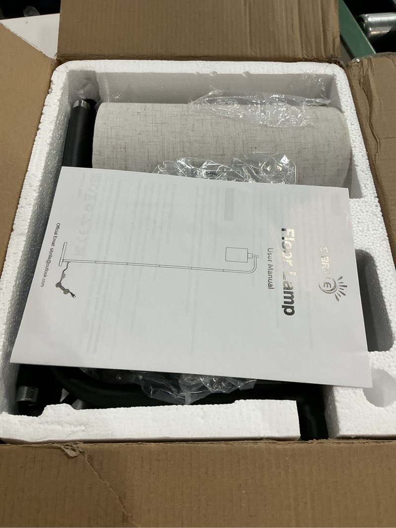 Condition photo showing New/Like New for floor lamp with linen shade, dimmable tall standing lamp with remote control & 3 color temperatures, modern floor lamps for living room bedroom office corner, 9w led bulb included beige