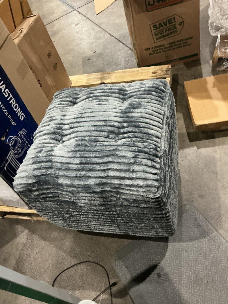 Condition photo showing As Is for plush fluffy corduroy poofy ottoman in a box for boneless sofa couch, modern compressed foot rest, small comfy rectangle boneless pouf footstool ottoman for living room, bedroom, grey