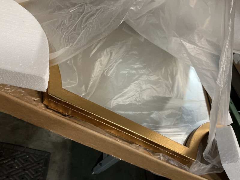 Condition photo showing Good Condition for kelly miller small gold mirror for wall, 20"x28" gold bathroom vanity mirror scalloped mirror decorative wall mirror beveled for master bath half bath living room bedroom fireplace mantle entryway 28"l x 20"w gold
