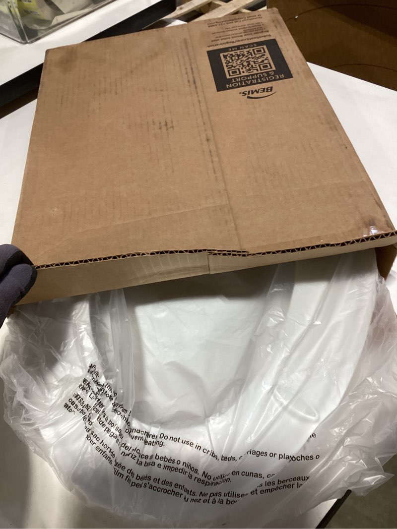 Condition photo showing New/Like New for mayfair bennett toilet seat with brushed nickel hinges, slow close wood seat, secure metal hinges, easy install, elongated, white elongated brushed nickel