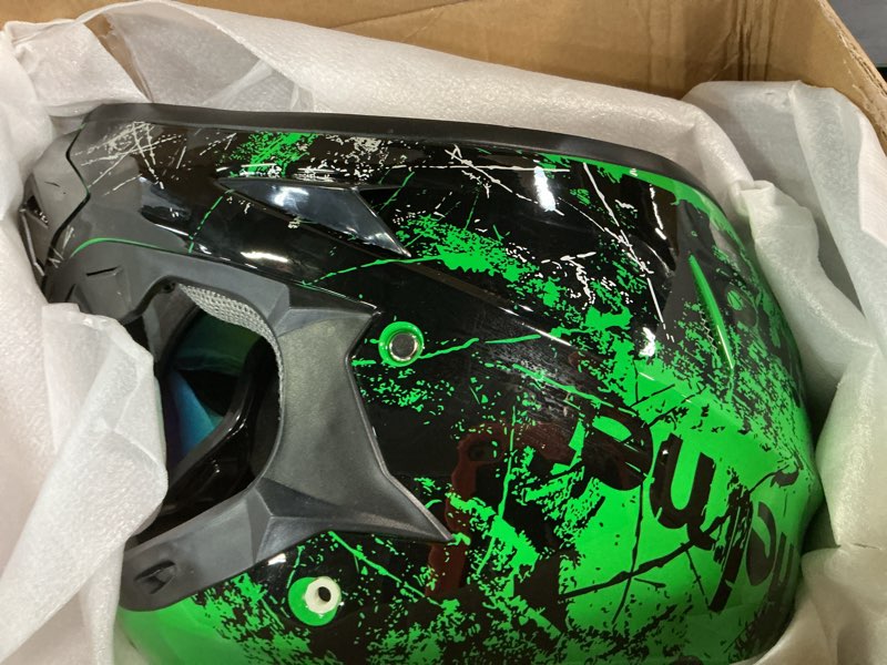 Condition photo showing Good Condition for yesmotor youth kids motocross helmet full face motorcycle dirt bike off-road mountain bike bmx mx atv helmet with(gloves goggles mask) 4pcs set - dot approved (green,l) green2 large