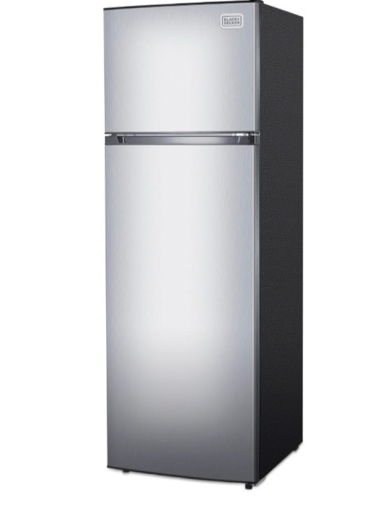 black+decker 10 cu. ft. top mount refrigerator with freezer, 2 door fridge with top freezer and mechanical temperature control, for homes and apartments, bda10las, stainless steel look