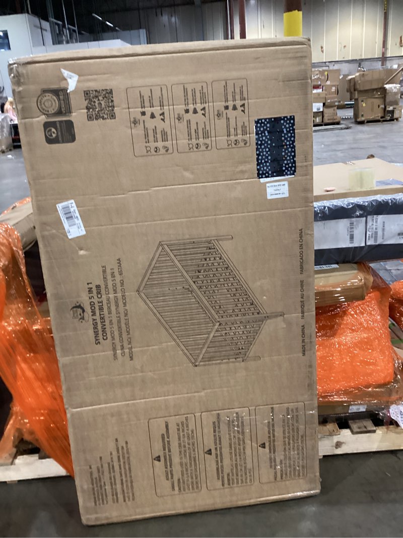 Condition photo showing New/Like New for dream on me synergy mod 5-in-1 convertible full-size baby crib with toddler, day & full bed conversion in auburn, greenguard gold & jpma, 3 mattress heights, sustainable pinewood