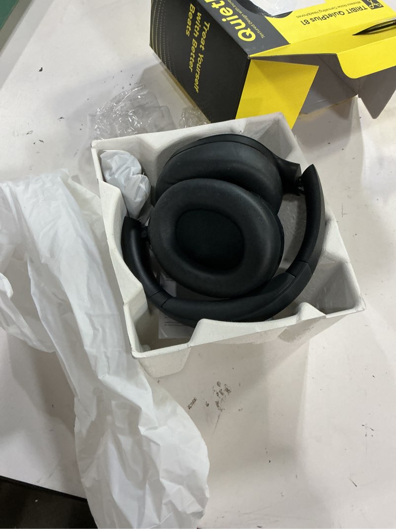 Condition photo showing As Is for tribit wireless over-ear headphones quietplus 81, hybrid active noise cancelling, bluetooth 6.0 headset, 110h playtime, 6 custom eq via app, deep bass, foldable, comfortable, lightweight for travel