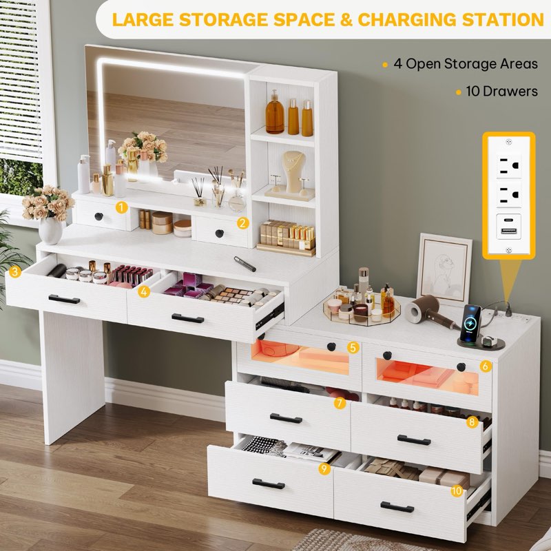 DWVO Large Vanity Desk with Mirror - RGB LED and Charging Station, Make up Vanity Mirror with 3 Ligh
