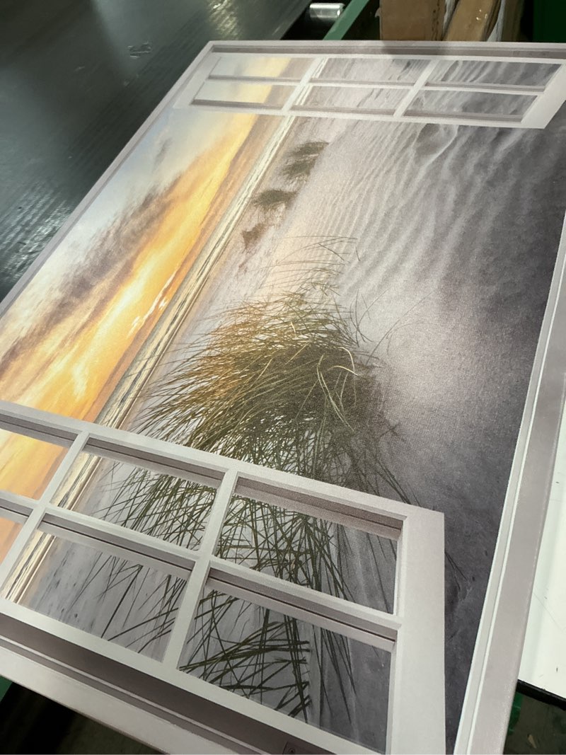 Condition photo showing Good Condition for beach window canvas wall art: sunset ocean coastal artwork open window view picture tropical seascape sea scenery prints natural landscape seaside sand dunes seashore grass painting for office bedroom sand dunes 36"l x 24"w