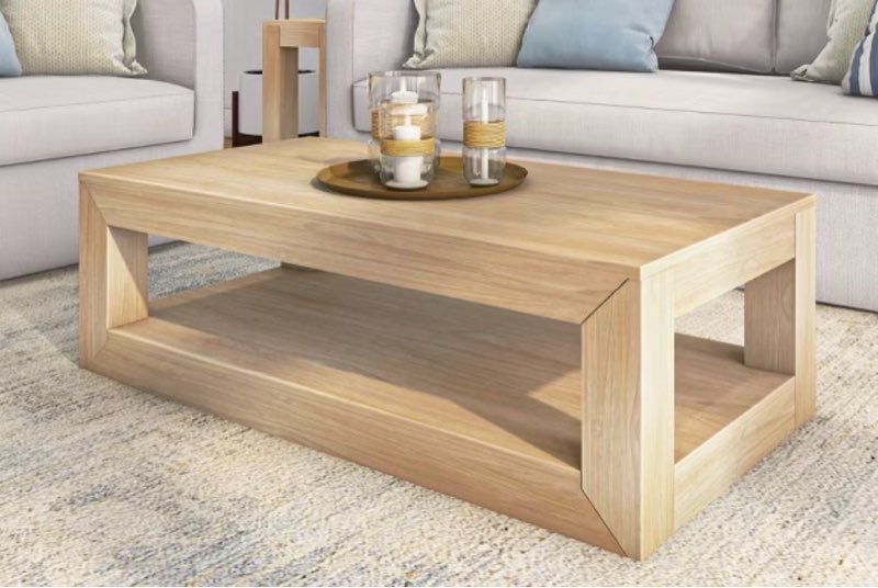 plank+beam 48" modern rectangular coffee table with shelf, solid wood table with storage