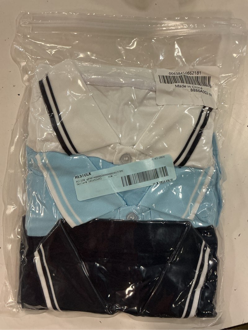 Condition photo showing New/Like New for real essentials 3 pack: boys' short sleeve jersey cotton polo shirt - uniform youth dress shirt 8yo medium set