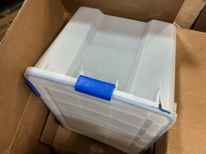 Condition photo showing As Is for IRIS USA WeatherPro 74 Qt Storage Bins with Lids, 1  Pack, BPA-Free Plastic Gasket Box with Tight Latch and Seal, Stackable Nestable Tote Tub - Clear/Blue 74 Qt. - 1 Pack