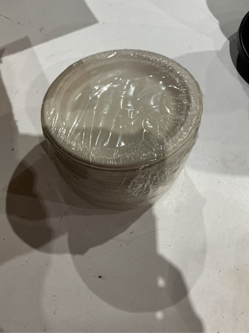 Condition photo showing As Is for compostable paper pladisposable plat ,heavy duty unbleached biodegradable bagasse & bamboo fiber dinner paper plates ,round
