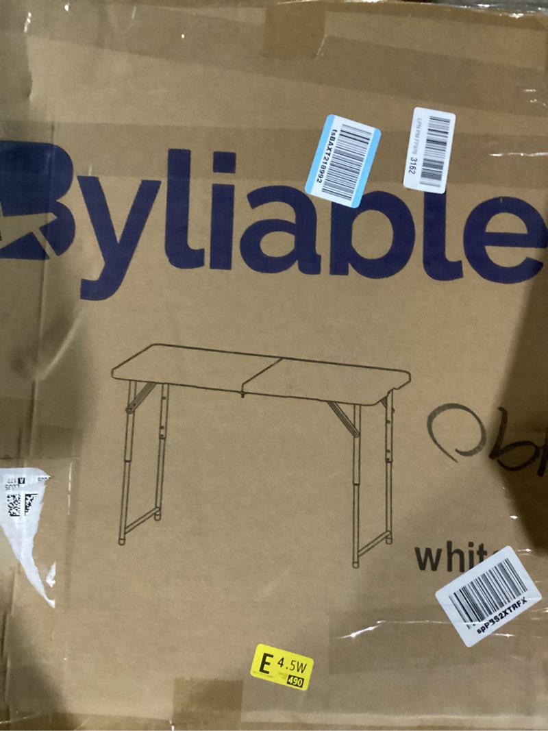 Condition photo showing New/Like New for Folding Table 4 Foot Portable Heavy Duty Plastic Fold-in-Half Utility Table Small Indoor Outdoor Adjustable Height Folding with Carrying Handle, Camping and Party,White | Portable, Heavy Duty, Fold-in-Half, Indoor Outdoor, Adjustable Height, Folding