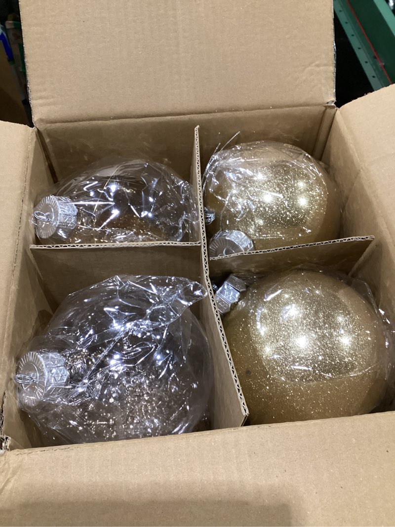 Condition photo showing Good Condition for Wettarn Set of 8 Transparent Large Christmas Ball Ornaments 6 Inch Glitter Hanging Plastic Balls Christmas Tree Decorations for Lawn Yard Party with Exquisite Filling Decoration(Champagne Gold)
