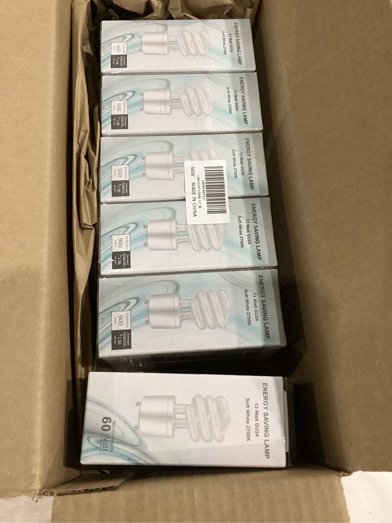 Condition photo showing Good Condition for gu24 13watt 2700k 900lm cfl light bulbs, t3 spiral gu24 base 2 prong (60w equivalent) soft white compact fluorescent light bulbs, ul approved, 120v 60hz, self ballasted, indoor use (12pack) pack of 2