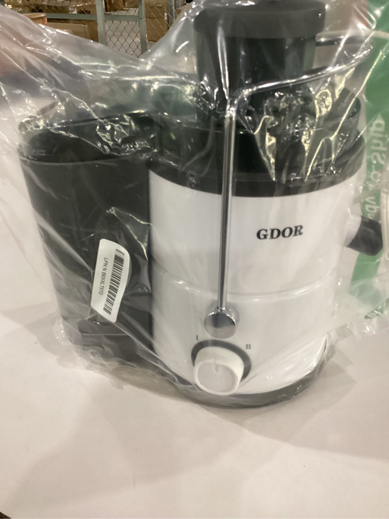 Condition photo showing As Is for gdor 800w juicer machine, 3” wide feed chute, dual-speed centrifugal juicer for fruits & vegetables, anti-drip function, bpa-free, easy to clean with brush, white