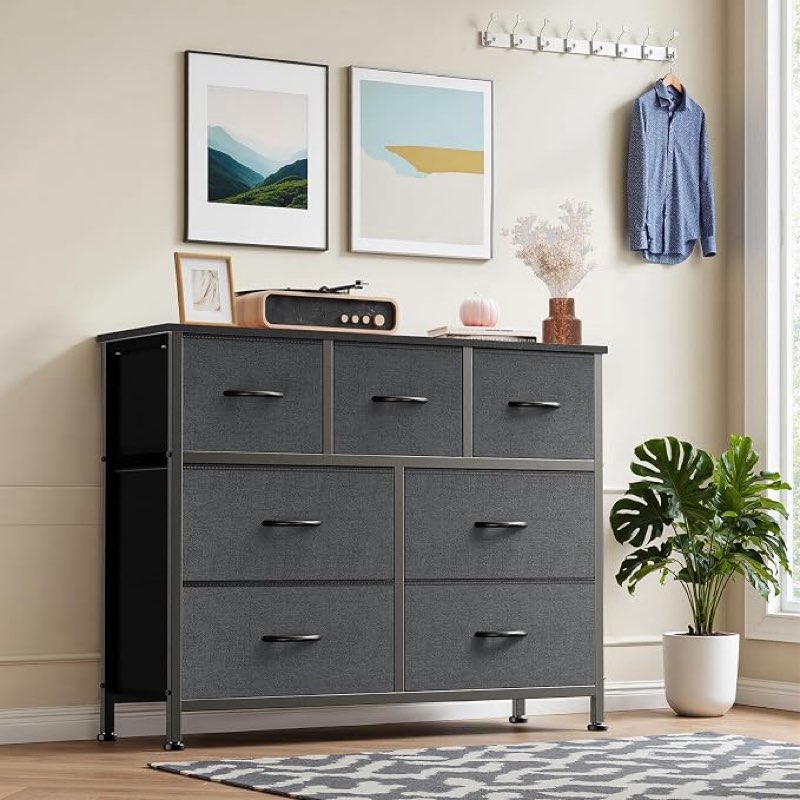 Dresser for Bedroom with 7 Drawers, Anti-Tip Fabric Storage Tower | Organizer Unit with Wood Top and Metal Frame, Organizer for Clothes, Closet, Entryway, Furniture, Grey