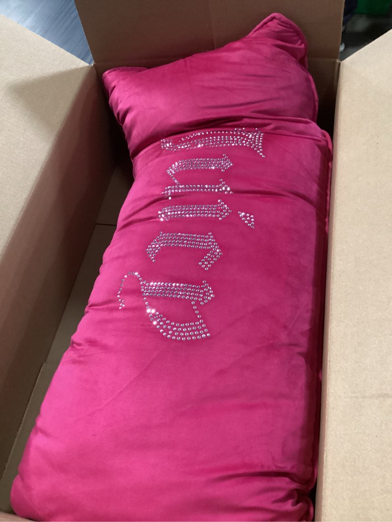 Condition photo showing Good Condition for juicy couture silver rhinestone decorative pillow - premium throw pillow - living room and bedroom décor - hannah 16" x 36", hot pink velvet velvet rhinestone hot pink 16"x36"