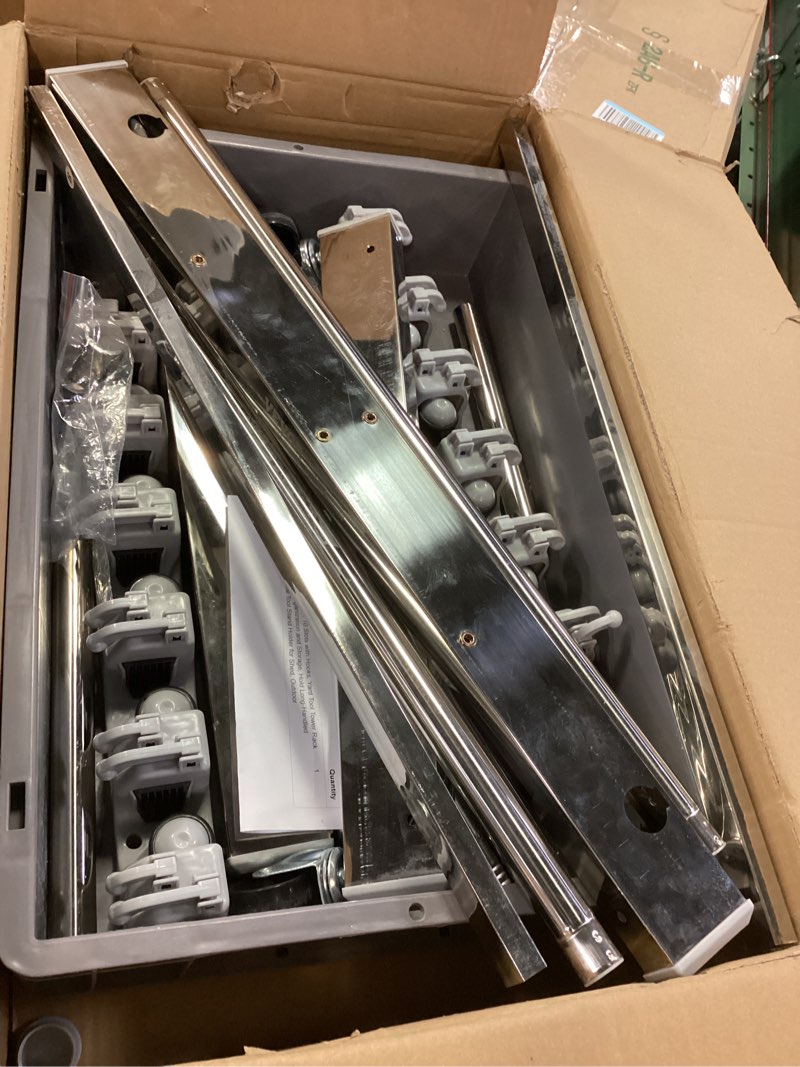 Condition photo showing As Is for VEVOR Garden Tool Organizer, 10 Slots with Hooks, Yard Tool Tower Rack with Wheels for Garage Organization and Storage, Hold Long-Handled Tool/Rake/Broom, Metal Tool Stand Holder for Shed, Outdoor