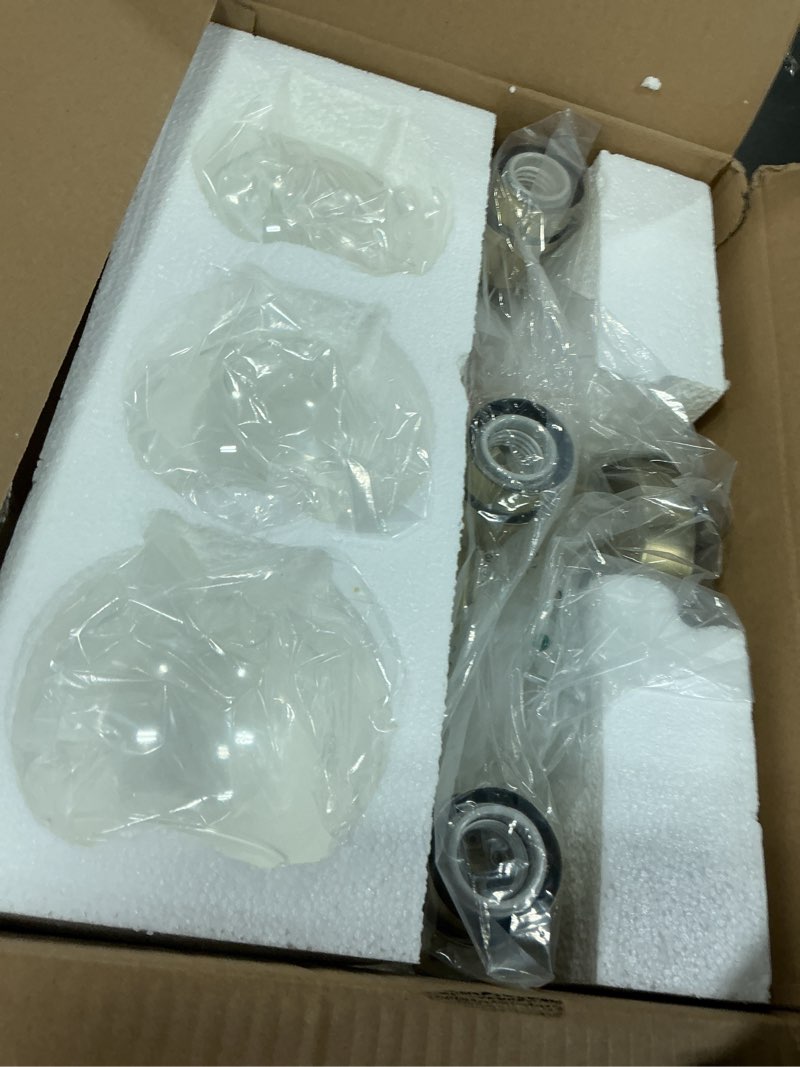 Condition photo showing New/Like New for indoi 3-light bathroom light fixtures, brushed brass bathroom lights over mirror with clear glass globe shade, vanity lights for bathroom kitchen living room hallway cabinet bedroom porch brass 3-light