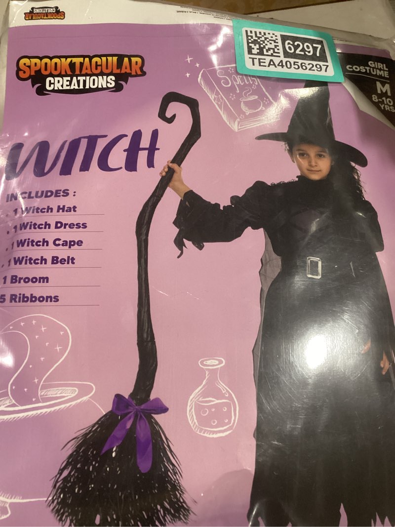 Condition photo showing Good Condition for Spooktacular Creations Girls Black Witch Costume, Kids Halloween Outfit with Broom, Toddler Witch Dress for Halloween Parties Medium (8-10yr)
