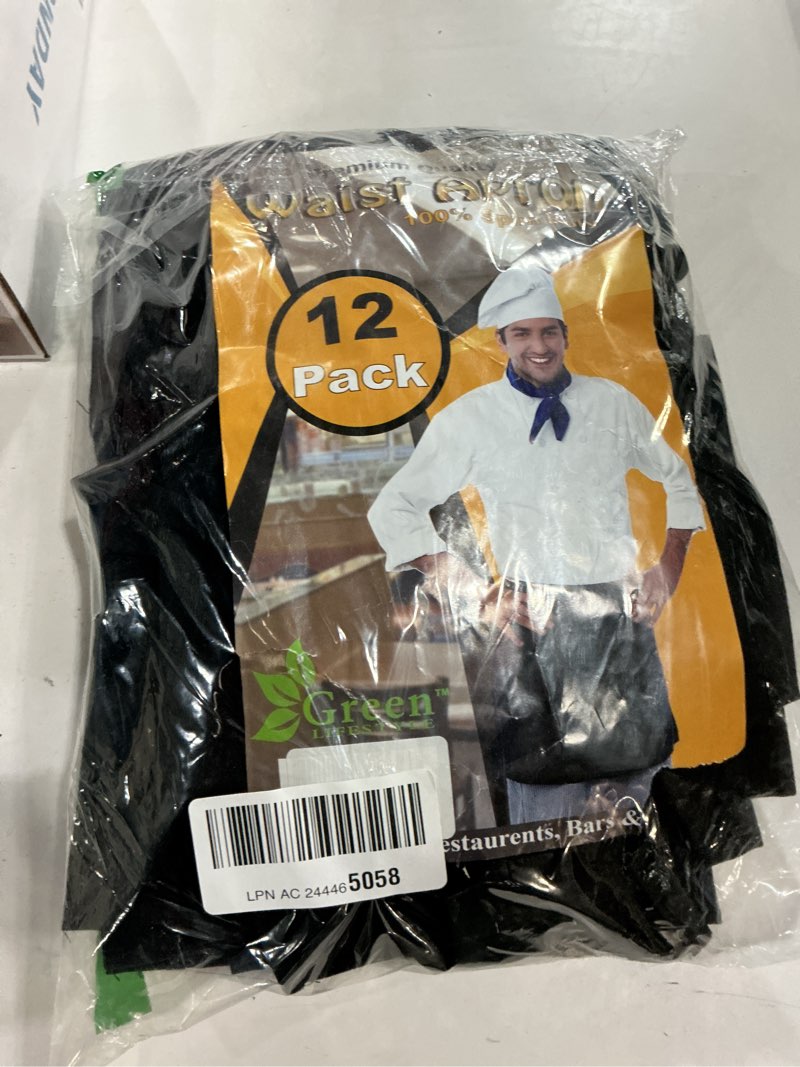 Condition photo showing Good Condition for green lifestyle server aprons with 3 pockets - waist apron, waitress apron for women and man, water resistant with long waist strap reinforced seams, half apron (12 pack - black) server - 12 pack