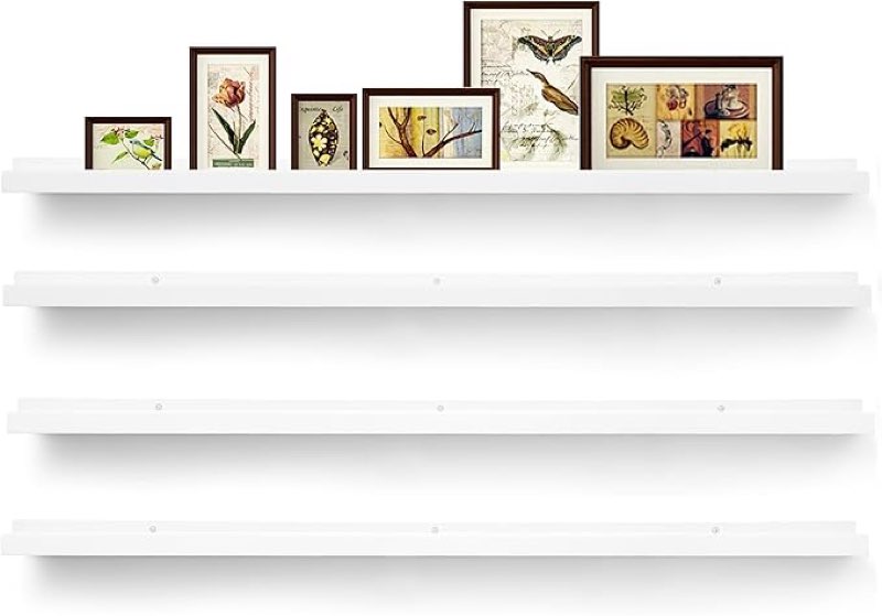 picture shelves for wall,long floating ledge set of 4,narrow large wood rustic photo frames vinyl record storage display nursery kids bookshelf decor for living room bedroom kitchen,47'',white