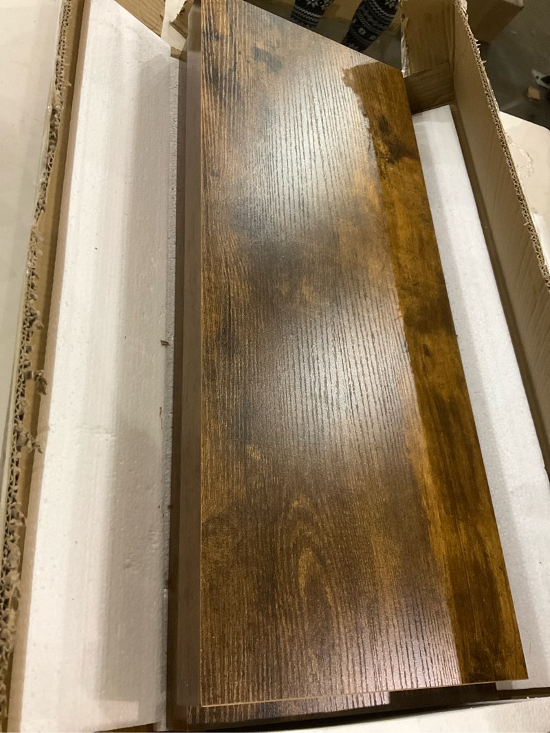 Condition photo showing As Is for QEEIG Floating Shelves for Wall 23.6" Long - Wall Mounted Shelf Bathroom Kitchen Living Room Bedroom Farmhouse Home Decor Display Bookshelf Large 23.6 x 9.3 inch Set of 2, Rustic Brown (008-60BN) 23.6" A. Brown