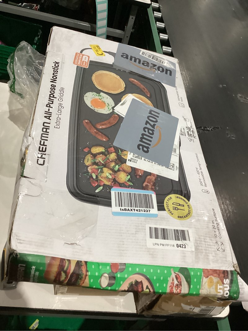 Condition photo showing As Is for Chefman XL Electric Griddle with Removable Temperature Control, Immersible Flat Top Grill, Burger, Eggs, Pancake Griddle, Nonstick Extra Large Cooking Surface, Slide Out Drip Tray, 10 x 20 Inch 10" x 20"