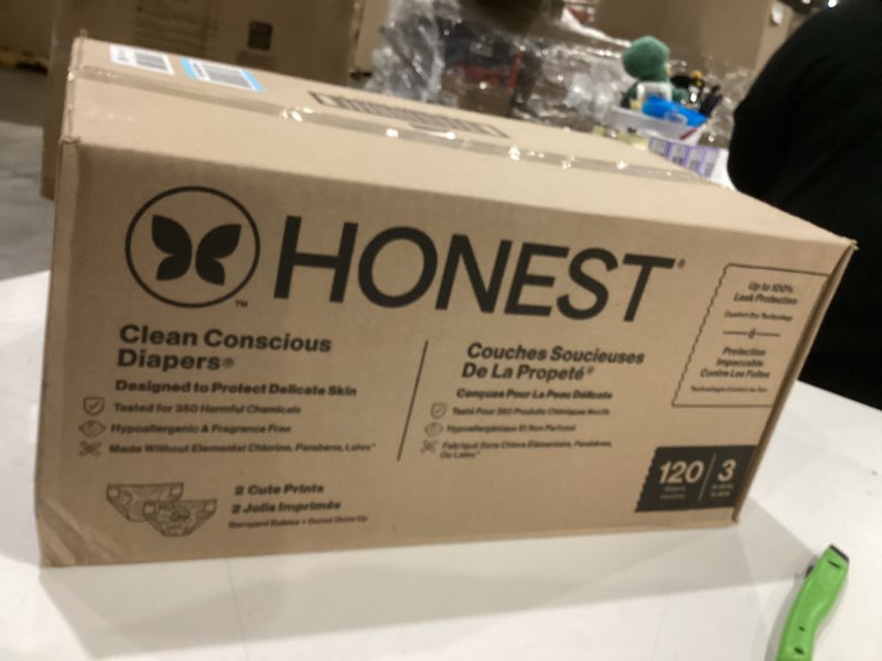 Condition photo showing New/Like New for the honest company comfort dry disposable diapers for sensitive skin, hypoallergenic, just peachy + flower power, super club box size 3 (16–28 lbs) 120 count
