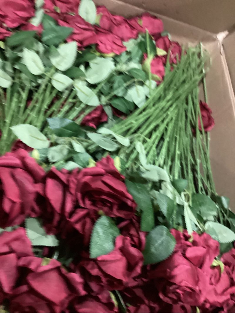 Condition photo showing Good Condition for Riceshoot 500 Pcs Artificial Silk Roses Flowers with Long Stem Bridal Wedding Bouquet Realistic Floral Bulks for Garden Home Party Gifts Favor Decoration(Wine Red)