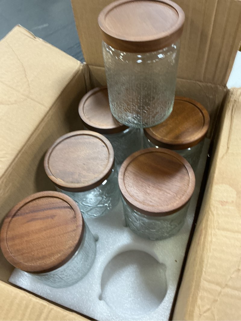 Condition photo showing Good Condition for 24 oz/6 pcs glass storage jar with airtight bamboo wooden lids, vintage food containers canisters sets for kitchen counter pantry, sugar, flour, candy, tea, coffee beans, oats, grain bin, pasta, cereal