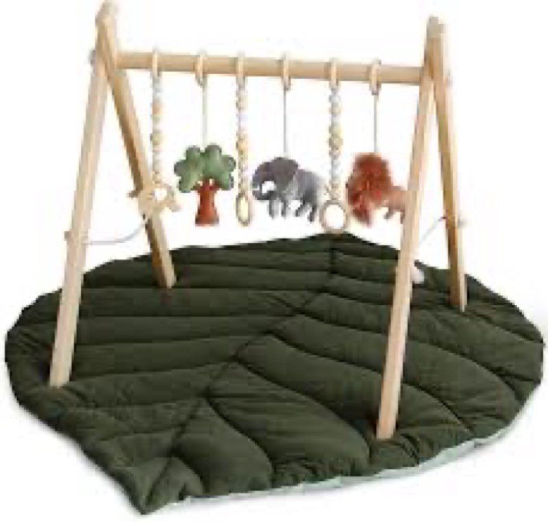 Razee Wooden Baby Play Gym Activity Mat, Leaf Shaped Play Mat Baby Gym with 6 Hanging Sensory Toys F