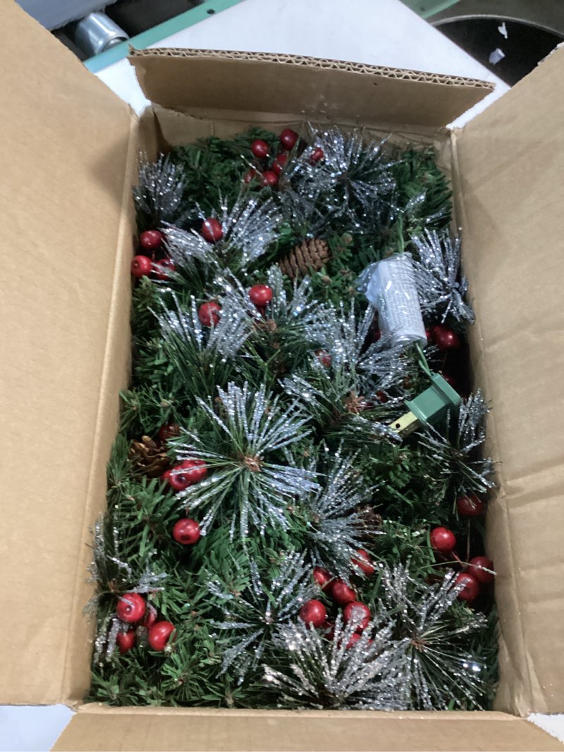 Condition photo showing Good Condition for Pre-Lit Artificial Christmas Garland, Green, White Lights 50, Decorated with Pine Cones, Berry Clusters, Plug in, Christmas Decorations, 9 Feet