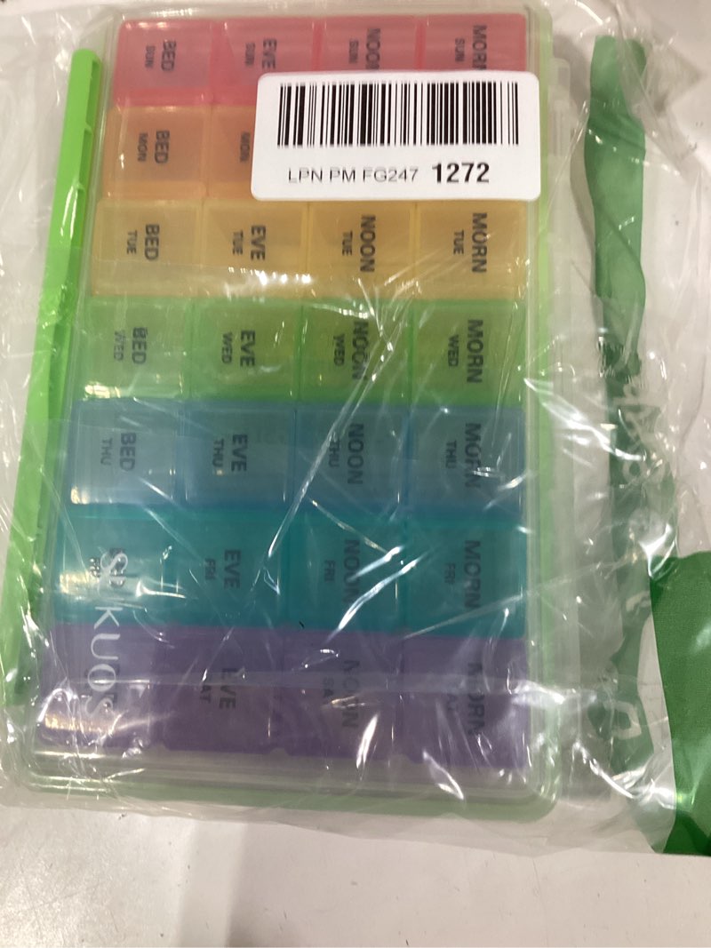 Condition photo showing Good Condition for Sukuos Large Weekly Pill Organizer 7 Day (4 Times a Day), Moisture-Resistant Daily Pill Box Medicine Cases for Vitamin/Fish Oil/Supplements - Rainbow Colors