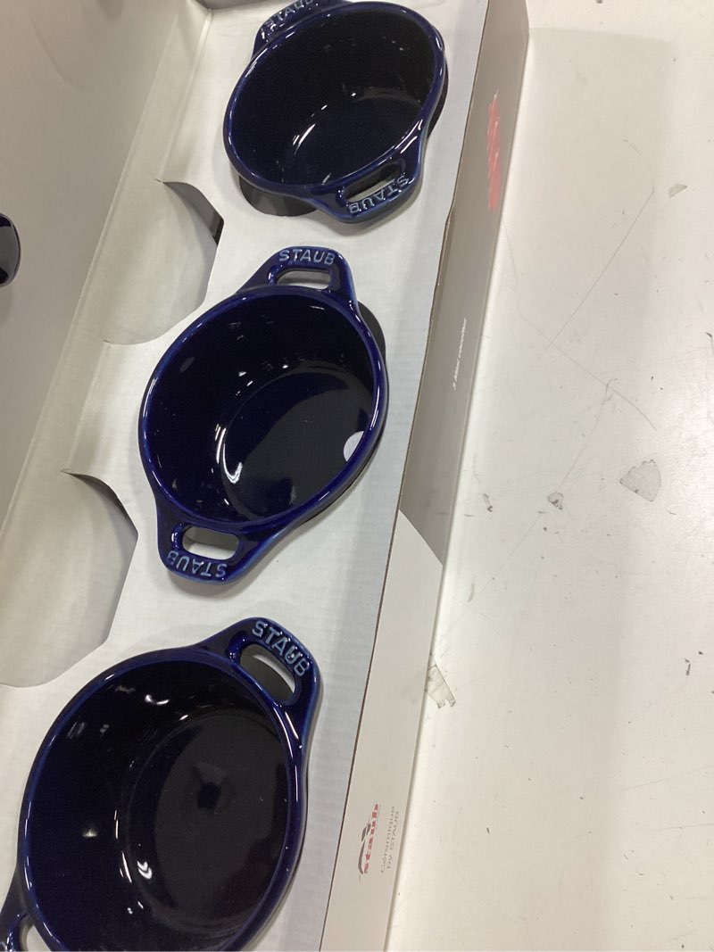 Condition photo showing As Is for staub ceramic 3-pc mini round cocotte set - dark blue
