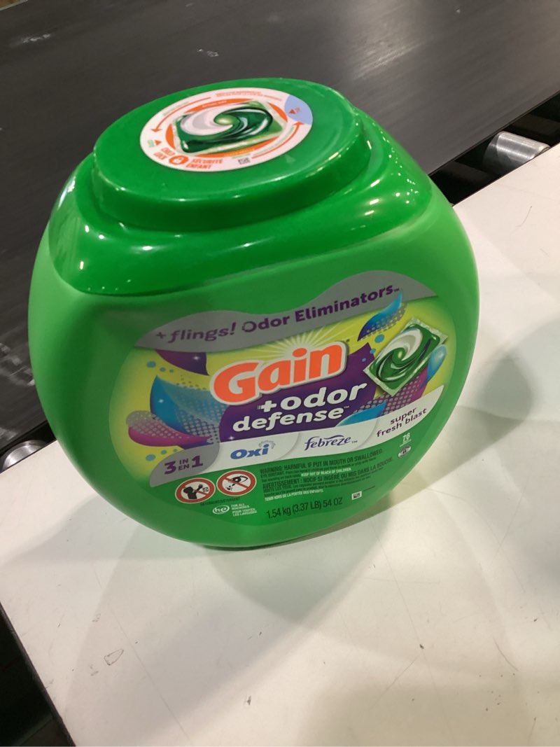 Condition photo showing New/Like New for gain flings laundry detergent pacs with odor defense, 76 count, super fresh blast scent, he 3in1 detergent pacs with febreze and oxi super fresh blast 76 count (pack of 1)